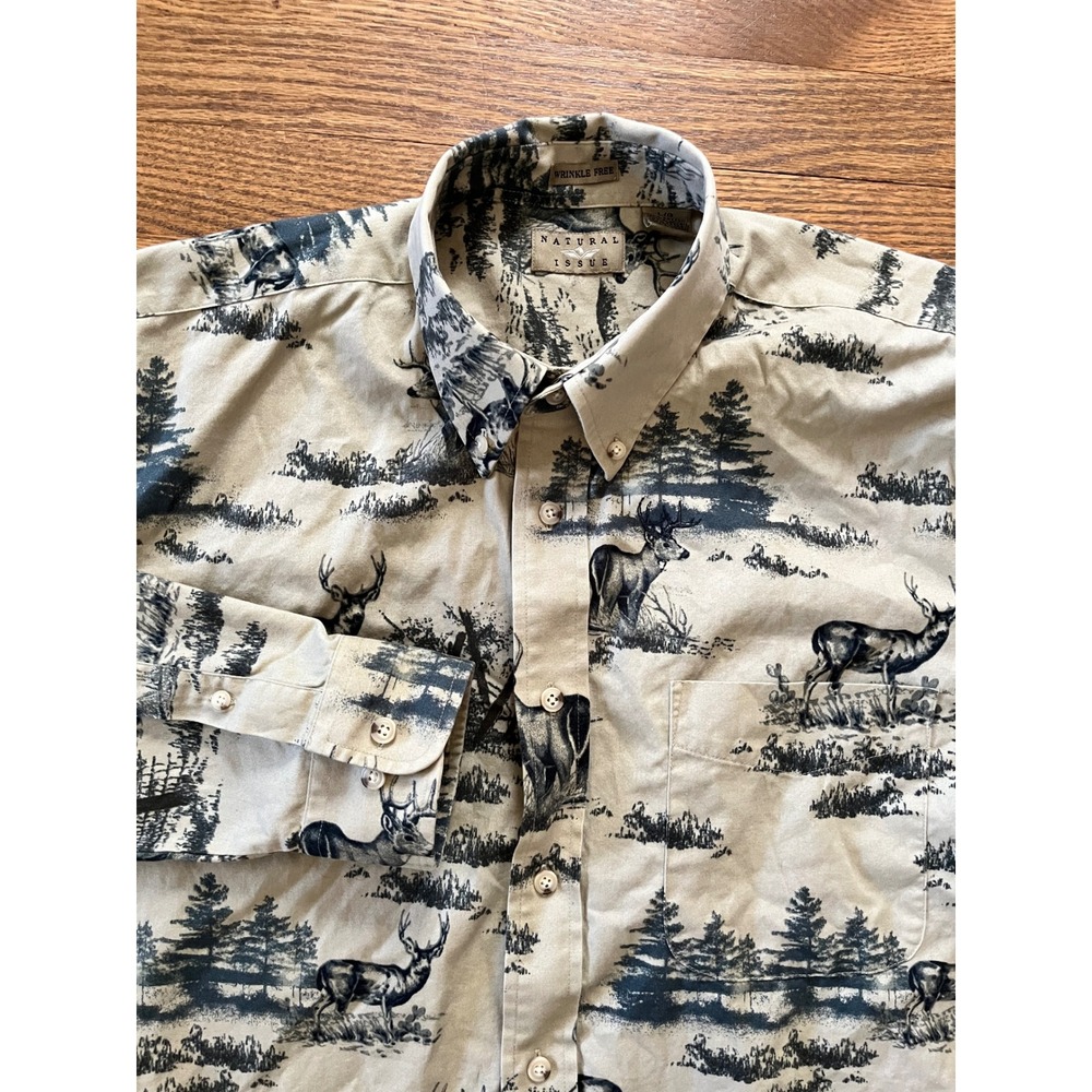 Natural Issue Mens Large Buck Deer Forest Print Button Down Shirt Wrinkle Free